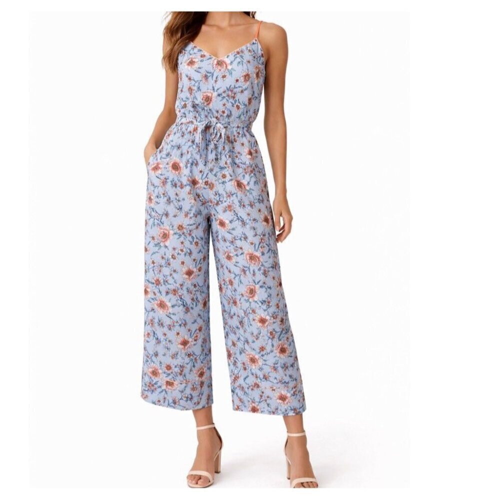 Leith Womens Kelsey Floral Wide Leg Jumpsuit Belt Lined Spring Wedding XXS blue